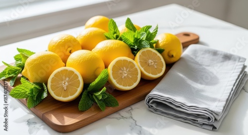 Fresh lemons and mint on wooden board