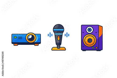 Projector, microphone, and speaker icons on a gradient background