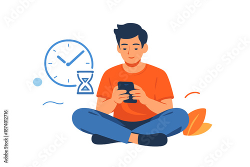 Young man using smartphone with time and hourglass graphics