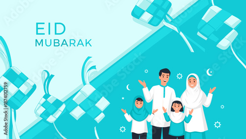 Selamat hari raya Idul Fitri is another language of happy eid mubarak in Indonesian. Cartoon muslim family celebrating Eid al fitr with mosque and arabic frame on background