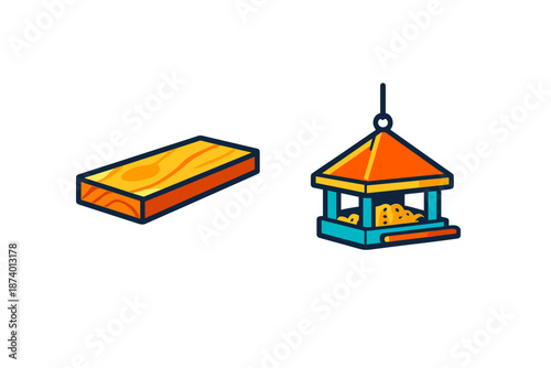 Isometric wooden plank and bird feeder