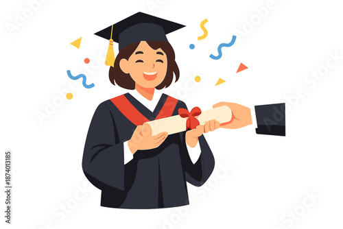 Happy Graduate Receiving Diploma with Confetti