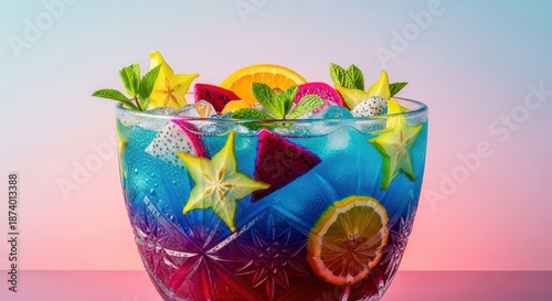 A large, decorative glass punchbowl filled with a sweet, colorful, cold beverage, perfect for a celebration or holiday party, homemade, seasonal, lime