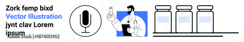 Healthcare, vaccination, communication, research, medical technology, innovation. A doctor holding a vaccine bottle alongside a microphone icon and vaccine containers. Healthcare and vaccination