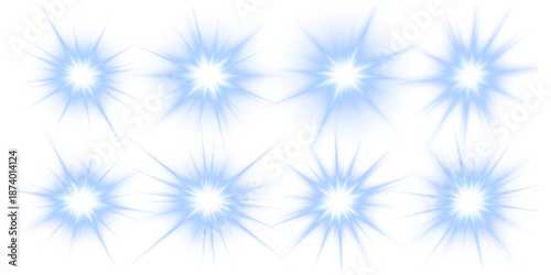 Png blue set starburst light inspired by sun and radiant  white sunlight rays. Sparkle and sparks mix with light streaks and flash glow. Energetic luminous light fills the scene. Vector illustration.