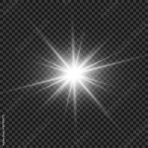 Png white star light enhanced by sun and silver sunlight rays. Bright sparkle and sparks form starburst with flashing highlights. Powerful luminous impact fills the scene. Vector illustration.
