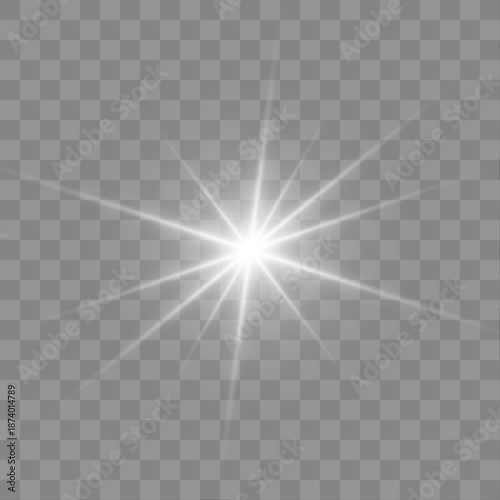 Png star light in white driven by sun and sharp sunlight rays. Sparkle, sparks and flash highlights strengthen the starburst glow. Strong radiant light fills the scene. Vector illustration.