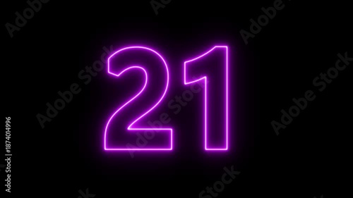 flickering neon number 21 on black background. glowing neon text 21 number countdown icon.