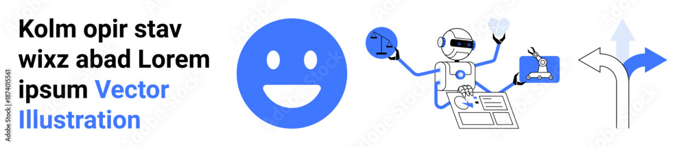 Fototapeta premium Artificial intelligence, decision-making tools, robotics, user interfaces, technology, digital communication. Robot interacting with icons and arrow sign. Artificial intelligence and decision-making