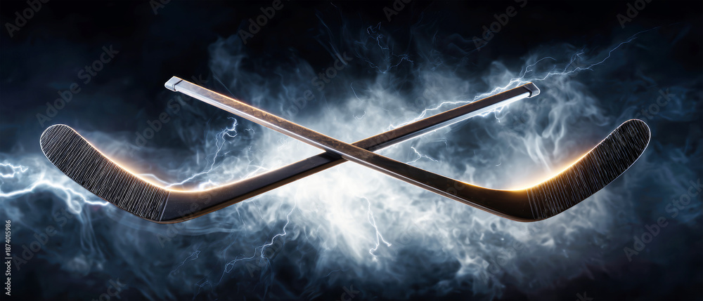 Fototapeta premium Two dark hockey sticks are positioned in a dynamic pose as they clash for a puck against a dramatic background of lightning and fire