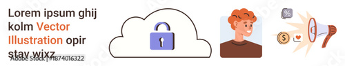 Cybersecurity, data privacy, digital authentication, online transactions, secure access, safety concerns. Cloud lock icon, person profile money and alert symbols. Cybersecurity and data privacy