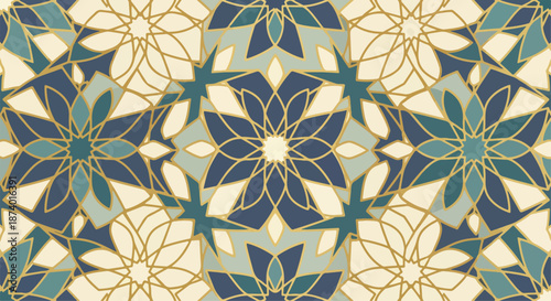 Arabic geometric texture pattern with blue, gold, and cream colors in a seamless design on a white background.