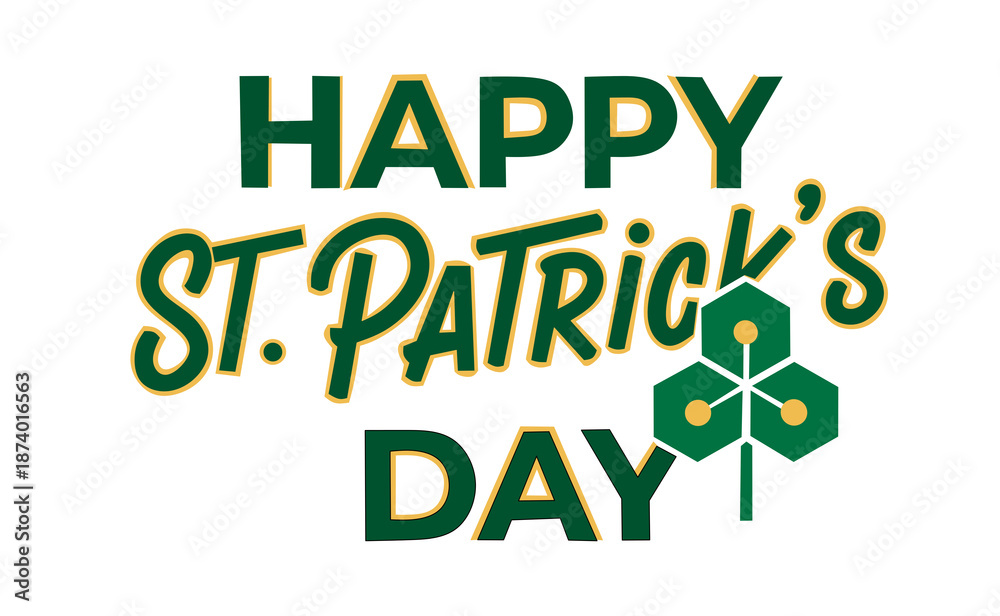 Naklejka premium Happy St. Patrick Day lettering poster with green shamrock and orange stars.