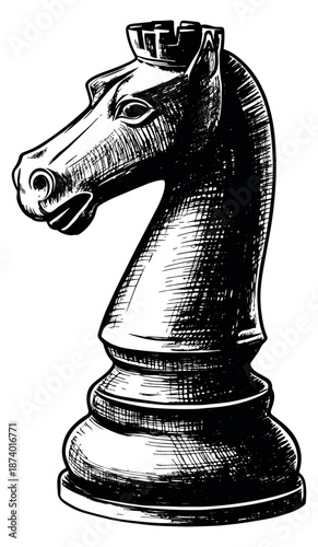 Hand drawn black and white line art illustration of a chess knight depicting a strategic piece for board games