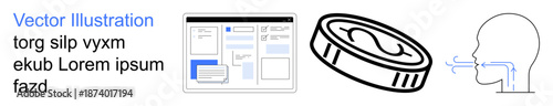 User interfaces, financial technology, communication, business concepts, digital platforms, and tech education. Line art UI elements, a coin and a speech flow. User interfaces and fintech concepts