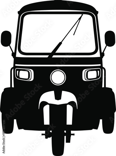 Black and White Silhouette Vector of Auto Rickshaw or Tuk Tuk for Urban Transport, Vintage Taxi, and Traditional Vehicle Illustration
