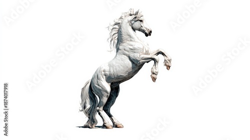 Majestic white horse rearing on hind legs isolated on white background