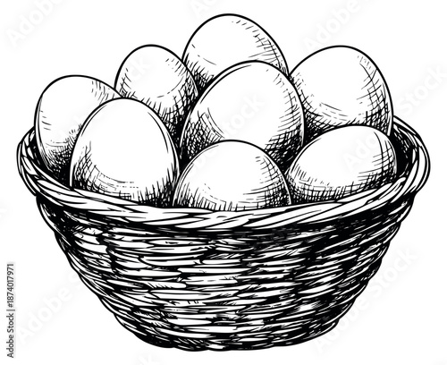 Hand drawn line art illustration of eggs in a wicker basket depicting fresh farm produce for food and easter designs