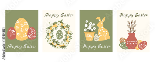 Easter greeting card and banner set with bunnies, wreaths, eggs, vases and spring floral elements