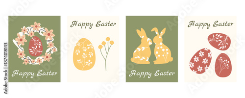 Easter greeting card and banner set with bunnies, wreaths, eggs and spring floral elements
