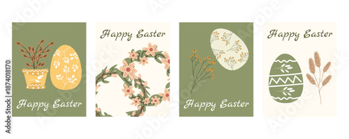 Easter greeting card and banner set with bunnies, wreaths, eggs, vases and spring floral elements