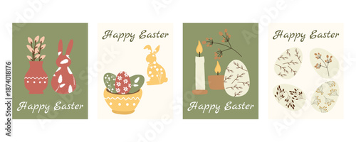 Easter greeting card and banner set with bunnies, eggs, candles and spring floral elements