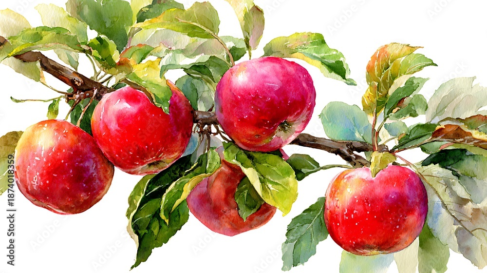 Obraz premium Watercolor illustration of a branch laden with ripe red apples and vibrant green leaves