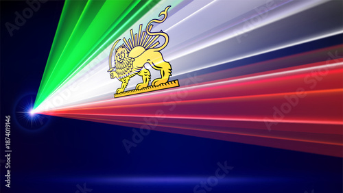 Laser flag of iran lion and sun. Iranian abstract flag. Protest, riot, revolution. Laser show on dark background. Template banner, poster for national holiday iran. Place for text. Copy space. Vector