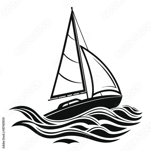 Black and white sailboat on stylized waves sailing