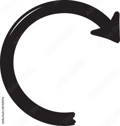 An isolated black arrow curved to make a circle. The clean lines and bold silhouette evoke concepts of renewal, direction, and circular motion.