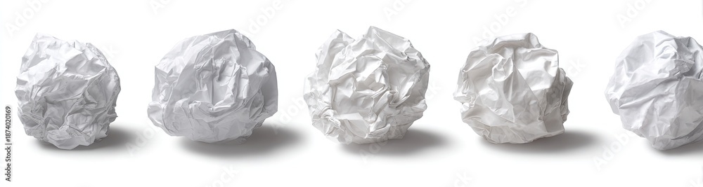 Fototapeta premium Five crumpled white paper balls in a row, with shadows