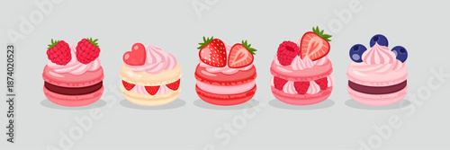 Cute Pixel Art Macarons with Fresh Berries and Cream Illustration Set - Kawaii Sweet Macaroon Dessert with Strawberry, Raspberry, and Blueberry Toppings