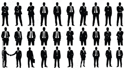 Collection of professional business people silhouettes wearing suits in various poses including standing walking shaking hands and corporate office workers isolated on white background