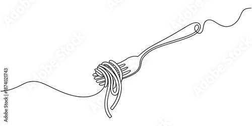 Fork with pasta in One Continuous line drawing. Italian spaghetti noodle for web banner and food delivery service in simple linear style. Editable stroke. Doodle Vector illustration