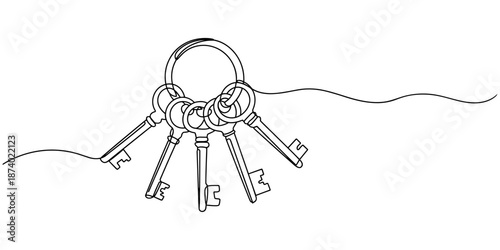 Continuous one line drawing of big key, continuous line drawing of key vector illustration one line style, Security concept continuous line art. Editable outline. Vector Illustration