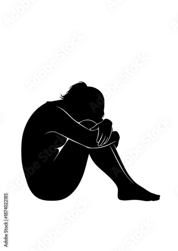 Emotional Vulnerability Silhouette, Person Sitting and Hugging Knees, Mental Health Awareness and Longevity Trend, Realistic Human Emotion Vector Art