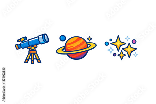 Space icons: telescope, planet, and stars