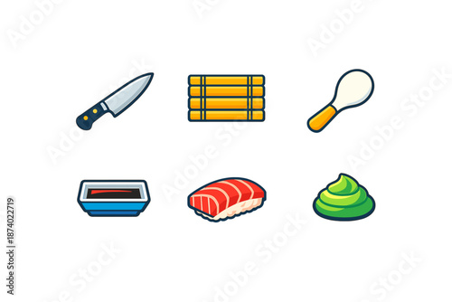 Sushi Ingredients and Tools Icon Set