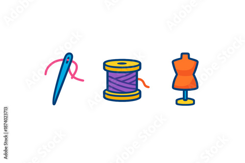 Sewing icons: needle, thread, and mannequin