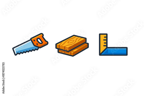 Set of cartoon carpentry icons on a gray background