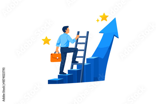 Businessman climbing ladder towards success with stars