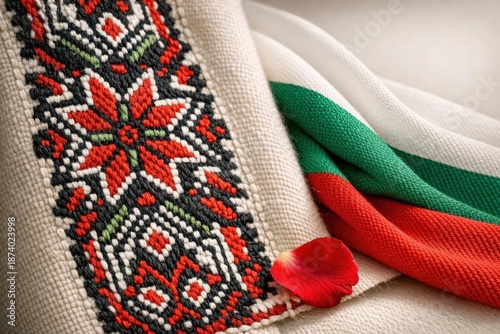 Bulgarian folk embroidery detail with national flag and rose petal