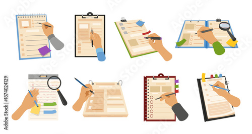 A set of hands holding various checklists or forms and taking notes with pens. The checklists come in a variety of styles and demonstrate task organization and management.
