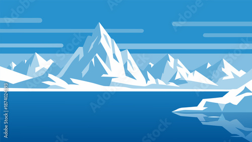 Blue Arctic Iceberg Vector Illustration with Snow Mountains and Ocean Landscape