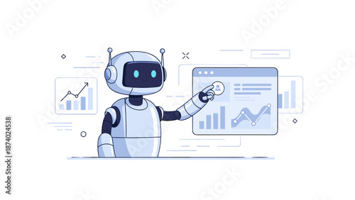 Wallpaper Mural Smiling robot interacting with digital interface displaying data charts and analytics Torontodigital.ca