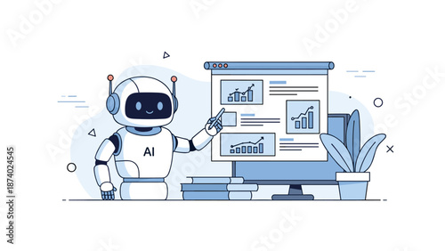 Cute robot ai assisting with data analysis on computer screen