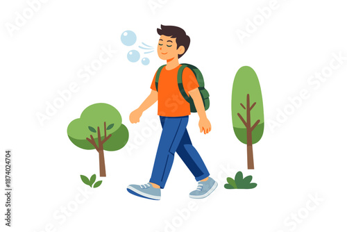 Young boy breathing deeply while walking in a park