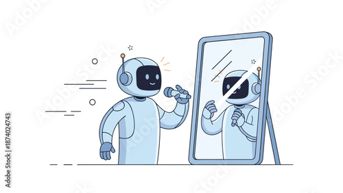 Friendly robot singing and holding microphone in front of mirror