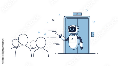 Friendly ai robot welcoming people to elevator with open door