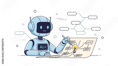 Smiling ai robot drawing with data map and flowchart concept
